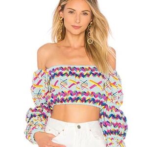 All Things Mochi Multicolor Off-Shoulder Cropped Top with Puff Sleeves